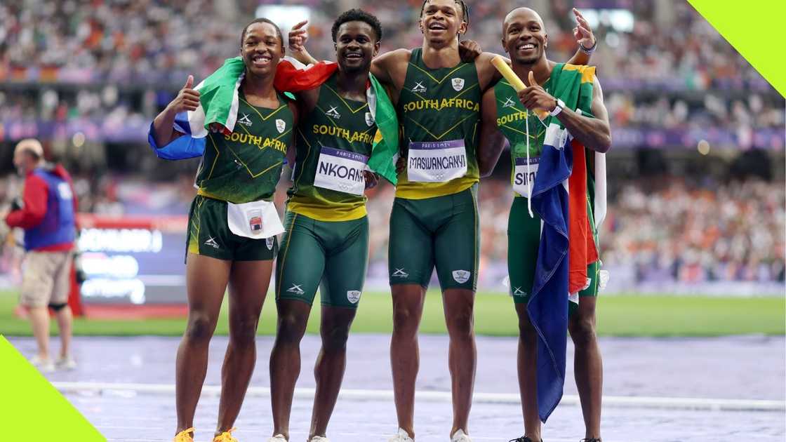 Team South Africa win silver in the 4x100m relay at Paris 2024.