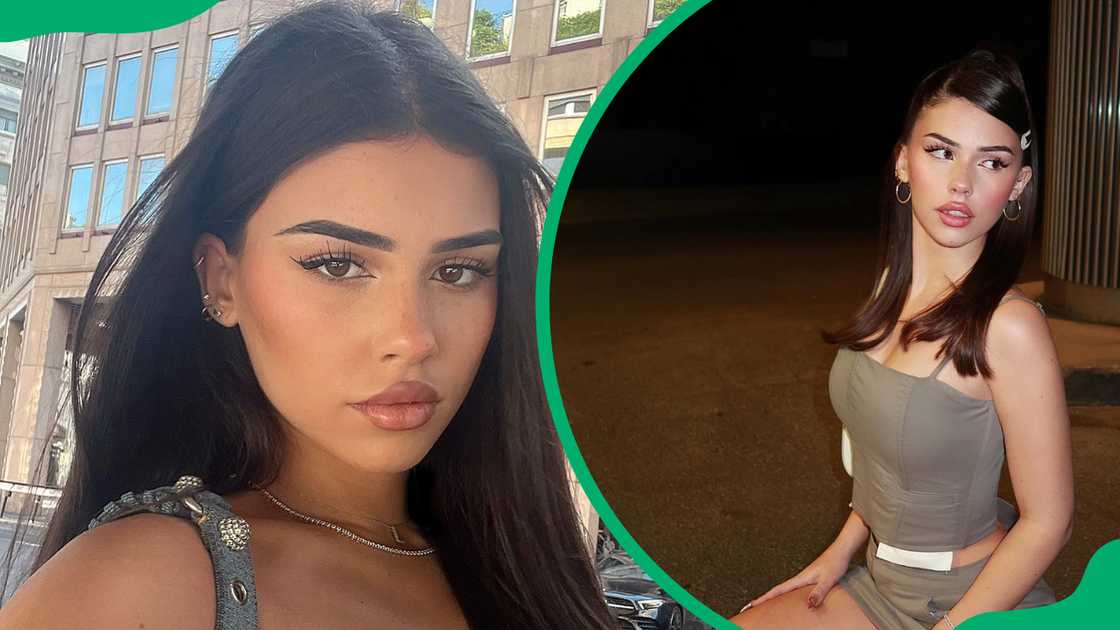 Leah Halton takes a selfie outdoors and she poses in a grey outfit Leah Halton takes a selfie outdoors and she poses in a grey outfit