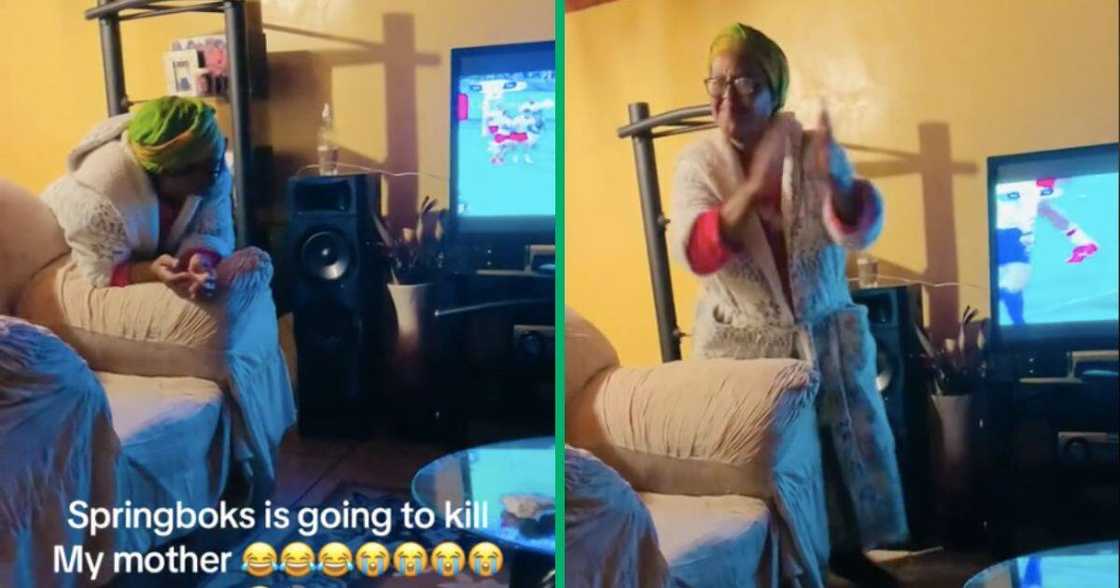 A gogo watching the Springboks play the Rugby World Cup celebrates them scoring a try A gogo watching the Springboks play the Rugby World Cup celebrates them scoring a try