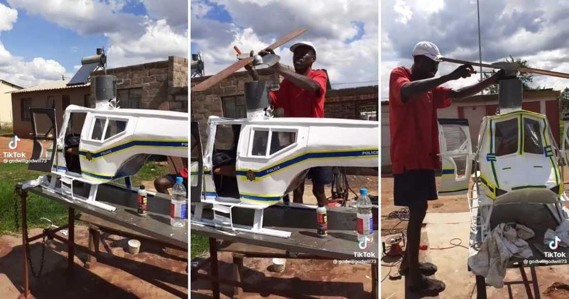 A man build a helicopter from scrap material A man build a helicopter from scrap material