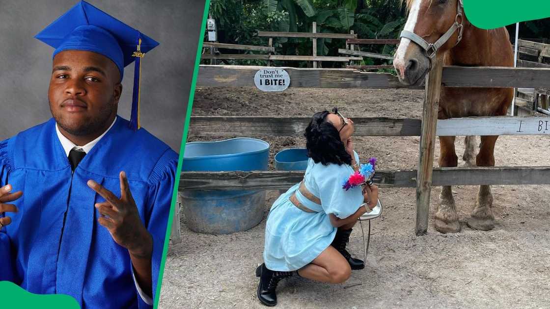 William Leonard Roberts III at his 2023 graduation (L). Tia Kemp having a good time with a horse