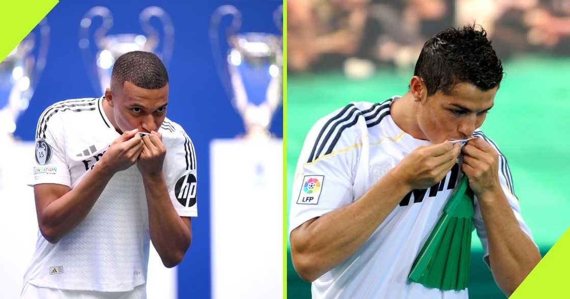 Kylian Mbappe mimics Cristiano Ronaldo during his unveiling as Real Madrid player.