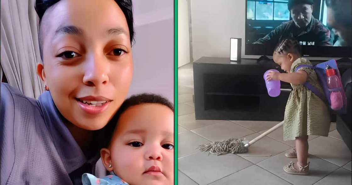 A young girl cleaned the floor with a mop and cup