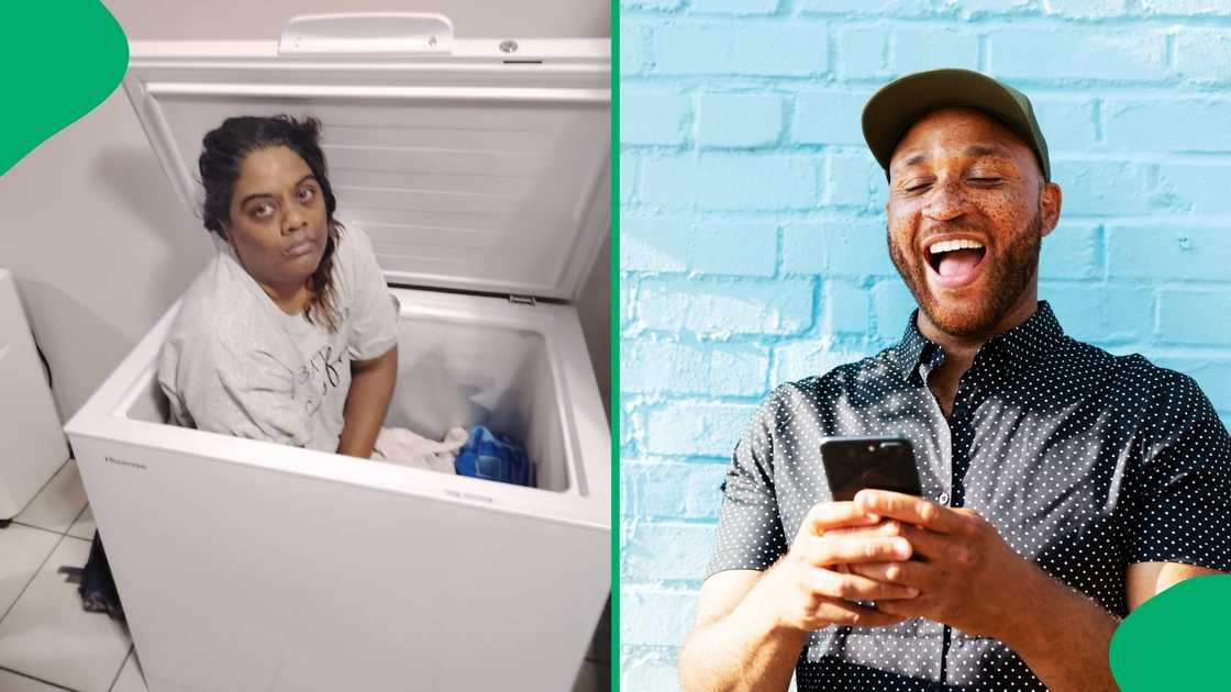 Prishne Khan was spotted hiding in a freezer and her arrest photo has left South Africans in stitches.