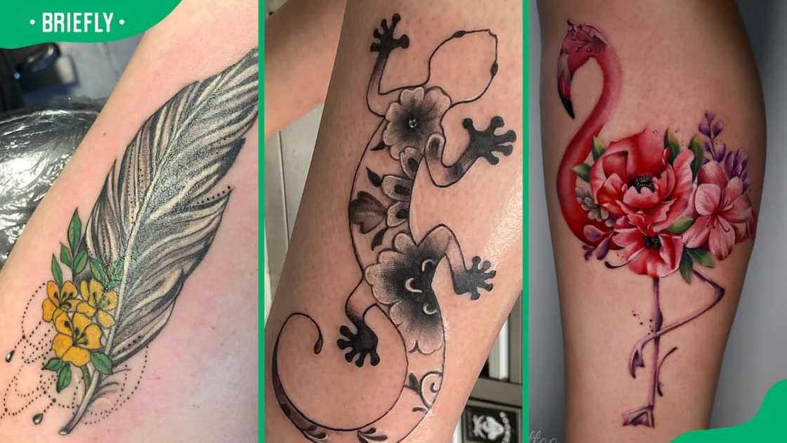 Feather & yellow flower (L), lizard (C), and floral flamingo tattoos (R) Feather & yellow flower (L), lizard (C), and floral flamingo tattoos (R)