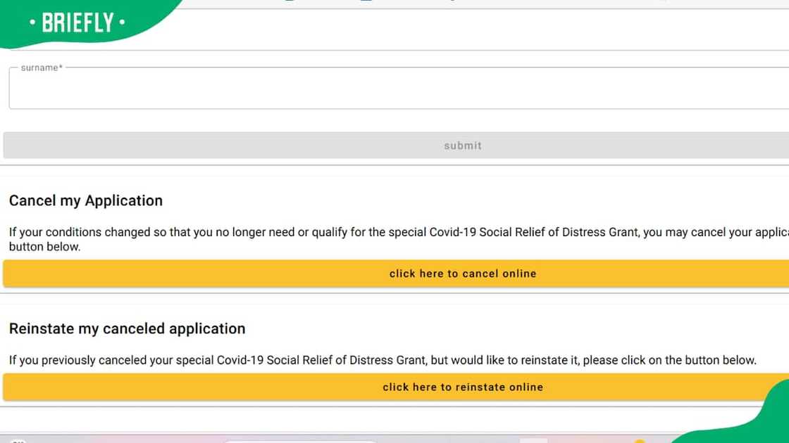 Screenshot of SASSA application reinstatement page