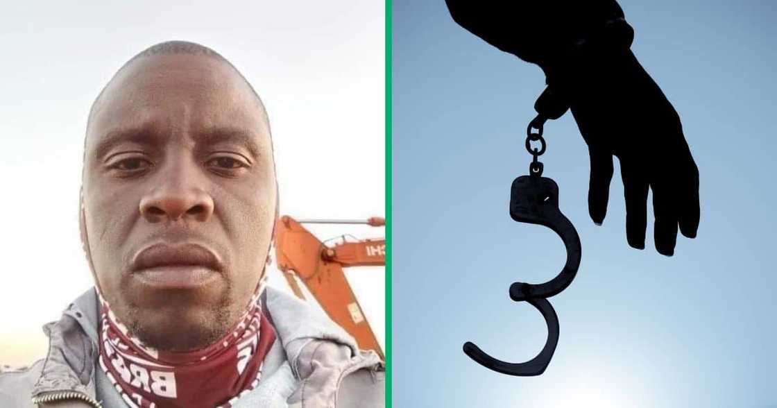 Collage image of murder suspect Thabo Ali Molobela and a handcuffed man Collage image of murder suspect Thabo Ali Molobela and a handcuffed man