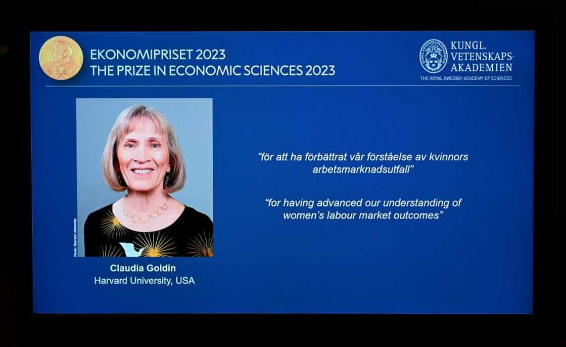 The winner of the 2023 Prize in Economic Sciences in Memory of Alfred Nobel American economist Claudia Goldin is seen on a display during a press conference at the Royal Swedish Academy of Sciences in Stockholm, Sweden, on October 9, 2023. The Nobel Economics Prize was awarded to American economist Claudia Goldin for helping understand women's opportunities in the labour market. The winner of the 2023 Prize in Economic Sciences in Memory of Alfred Nobel American economist Claudia Goldin is seen on a display during a press conference at the Royal Swedish Academy of Sciences in Stockholm, Sweden, on October 9, 2023. The Nobel Economics Prize was awarded to American economist Claudia Goldin for helping understand women's opportunities in the labour market.