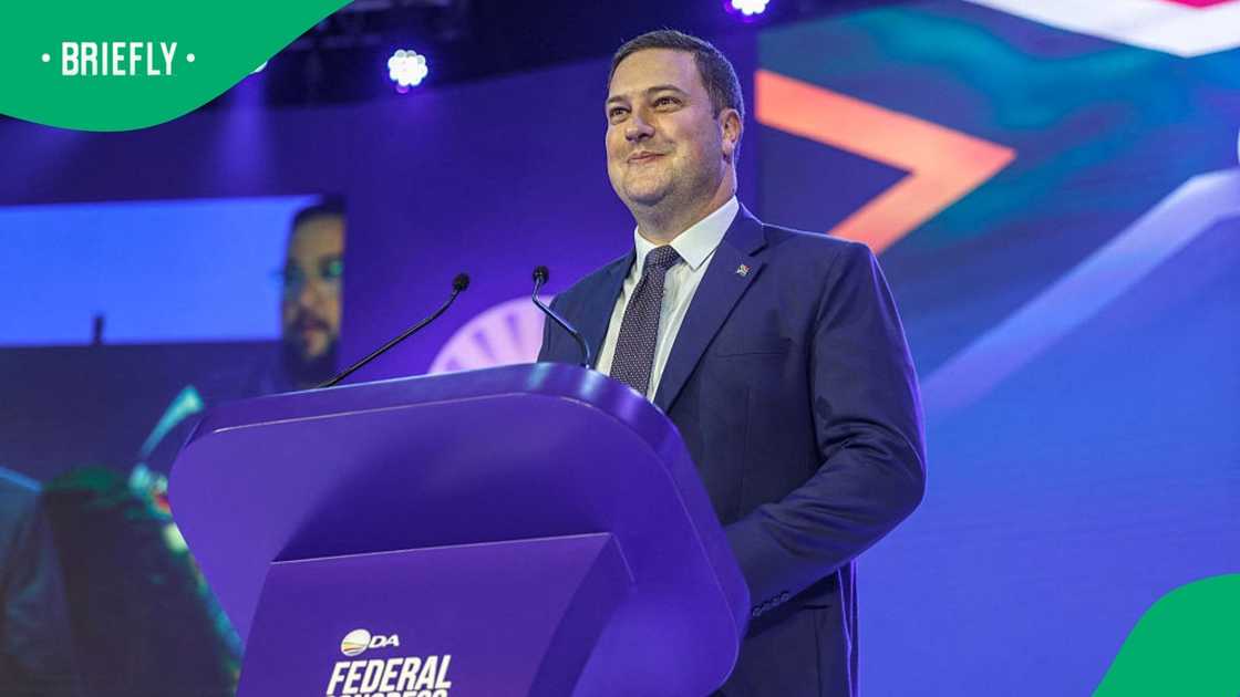 Newly elected federal leader of the Democratic Alliance (DA) Geordin Hill-Lewis delivers a speech on the second day of the DA Federal Congress at the Gallagher Convention Centre in Midrand on April 12, 2026
