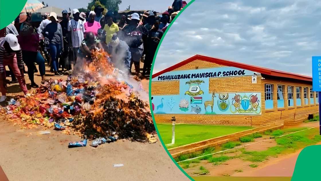 Community members burn confiscated snacks after learners got sick after consuming them.