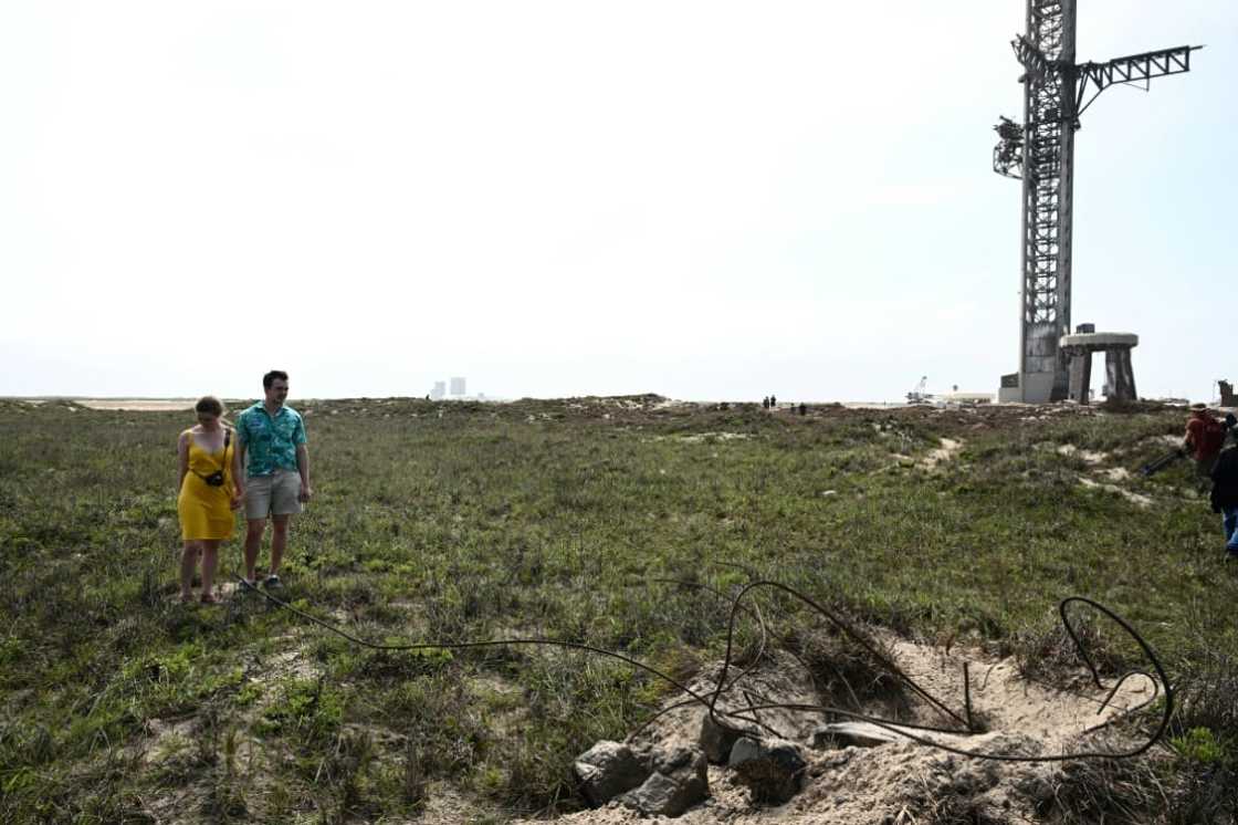 This photo shows a crater blasted by the takeoff of the Starship rocket