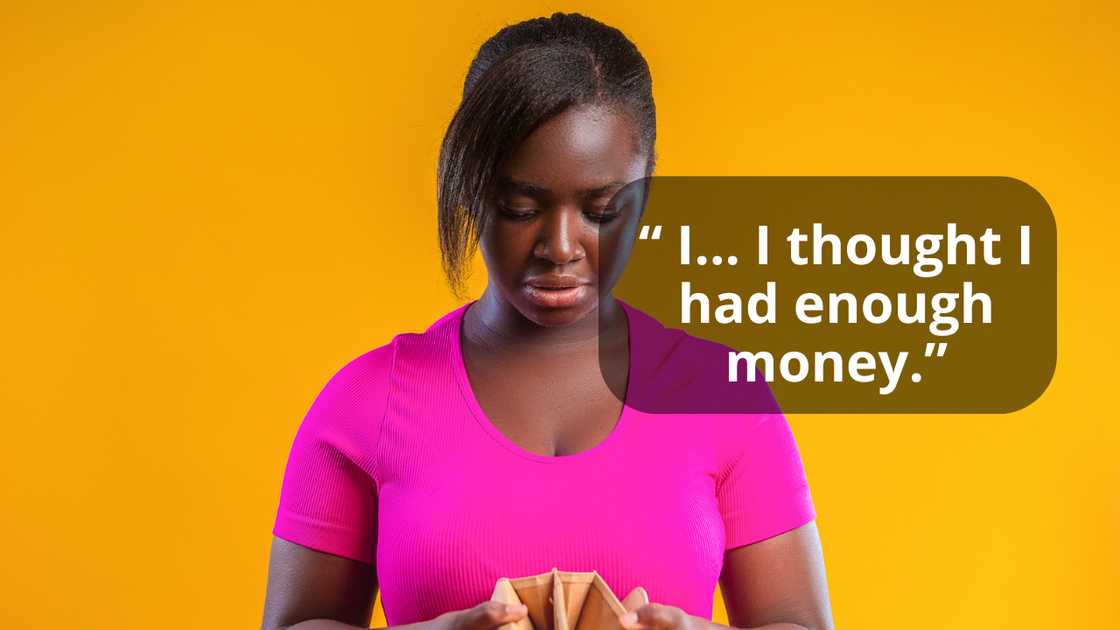 A worried woman with no money in wallet A worried woman with no money in wallet