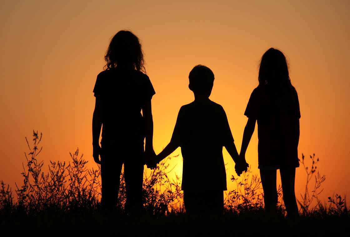 A silhouette of three children holding hands at sunset. Back view. Children are elementary aged and unrecognizable