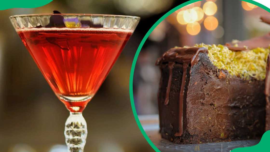 Aduna Bistro's cocktail (L). Dubai chocolate cake (R)