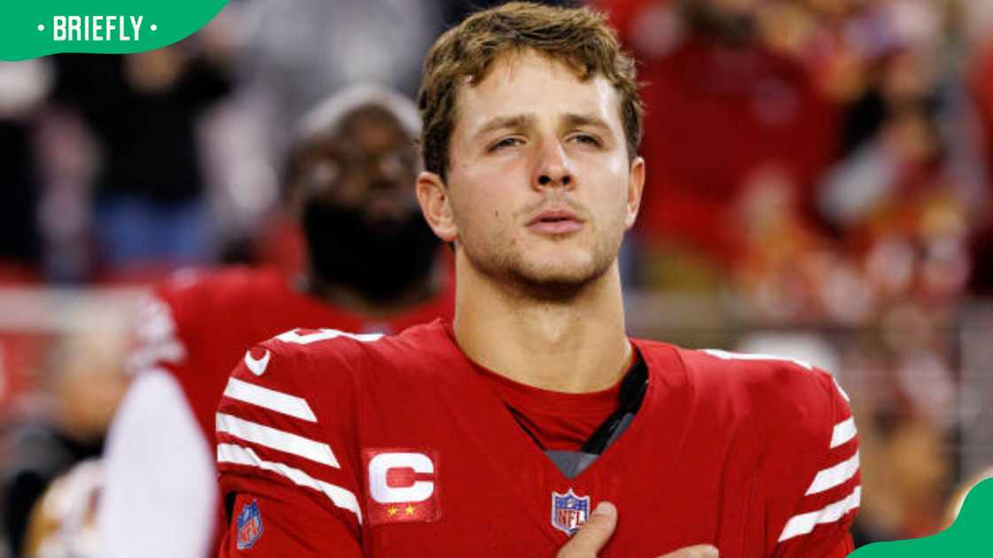 Brock Purdy #13 of the San Francisco 49ers during the national anthem