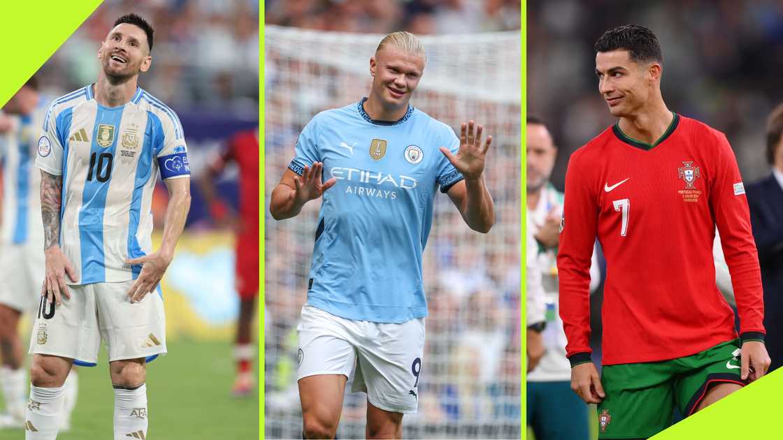 Haaland has been placed in the same bracket as Lionel Messi and Cristiano Ronaldo after scoring 91 goals in 100 Man City appearances. Photos by Elsa, Catherine Ivill—AMA, and Justin Setterfield.