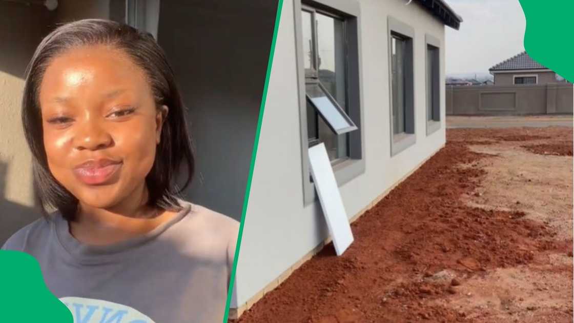 Young woman finishes building house Young woman finishes building house