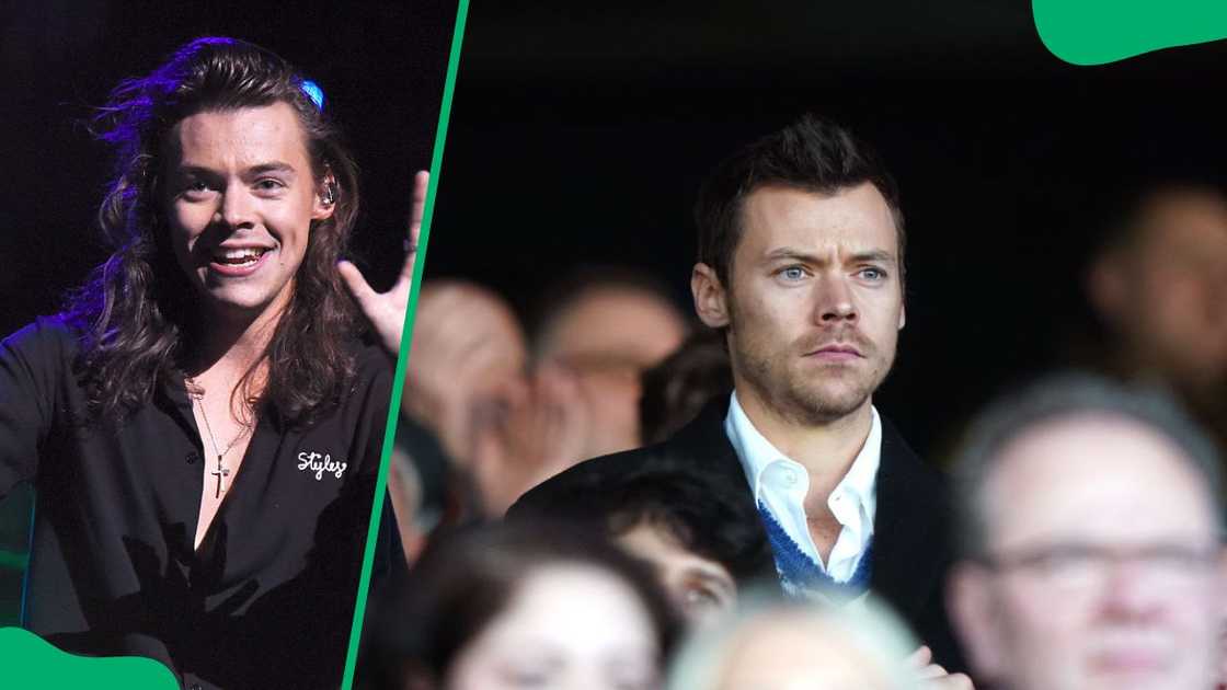 Sinnger Harry at 106.1 KISS FM's Jingle Ball in 2015 (L). Styles during a 2024 Premier League match (R)