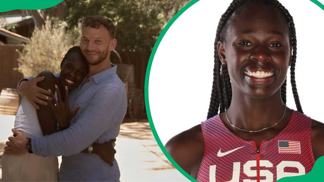 Yegor Nikolayev and Athing Mu during their 2024 engagement (L). The sportswoman at the Team USA Paris 2024 Olympic Portrait Shoot (R) Yegor Nikolayev and Athing Mu during their 2024 engagement (L). The sportswoman at the Team USA Paris 2024 Olympic Portrait Shoot (R)
