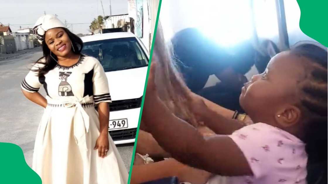 Woman's child plays with strangers' hair Woman's child plays with strangers' hair