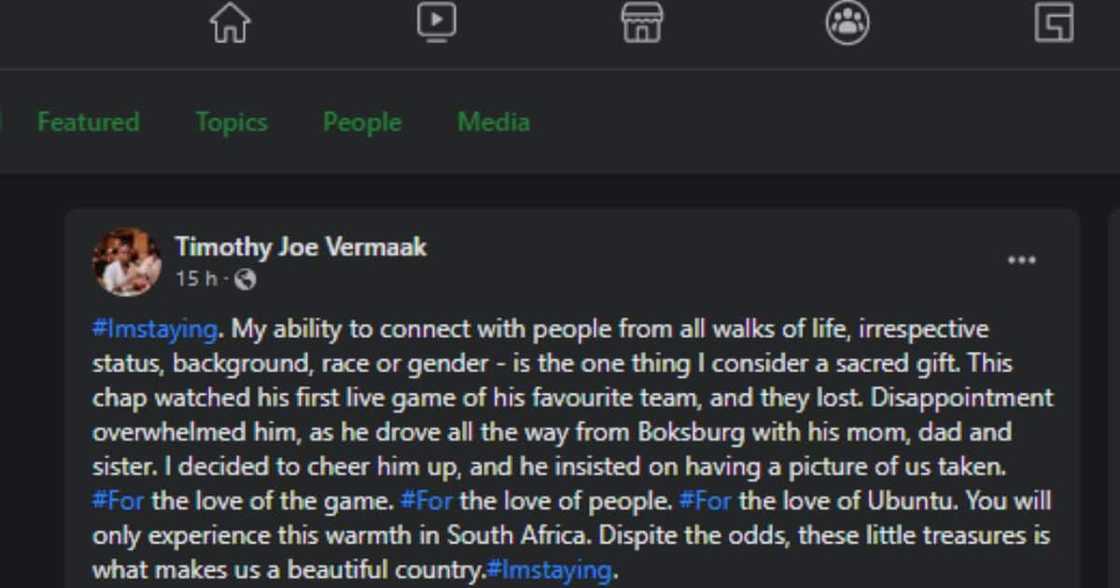 Timothy Vermaak used the #ImStaying hashtag on Facebook and shared his heart-warming story.