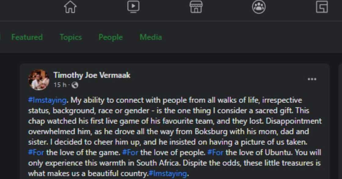 Timothy Vermaak used the #ImStaying hashtag on Facebook and shared his heart-warming story. Timothy Vermaak used the #ImStaying hashtag on Facebook and shared his heart-warming story.