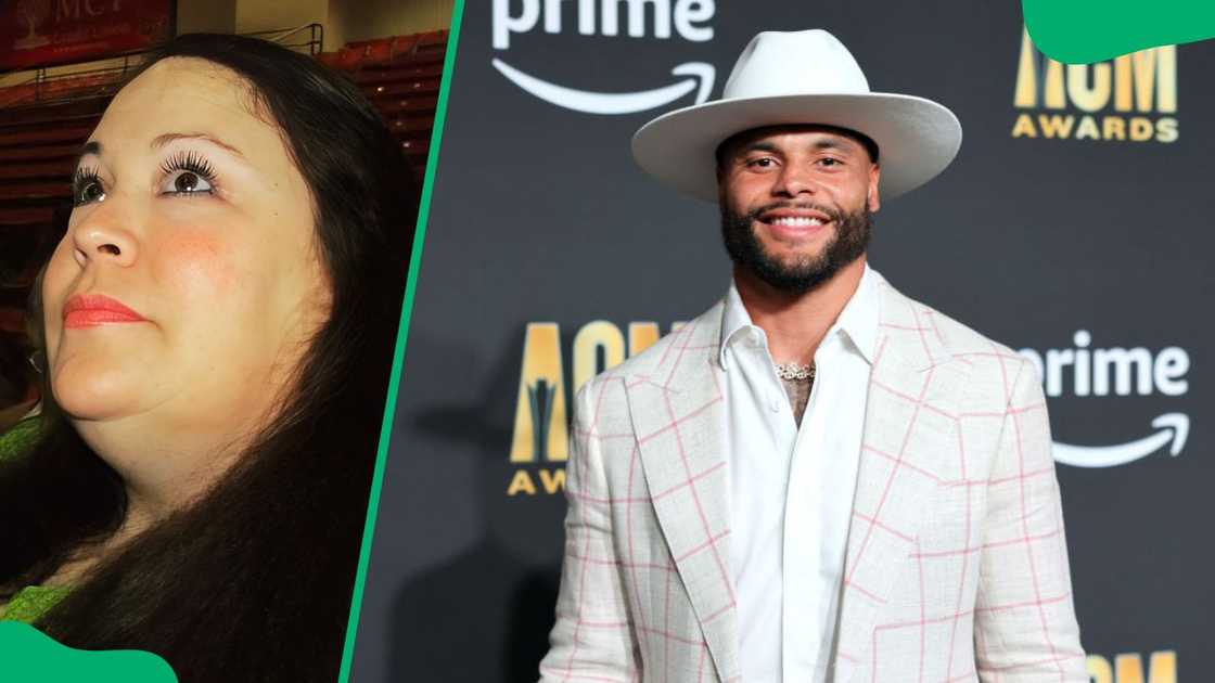 The late Peggy Prescott, Dak's mother (L). Dak Prescott at the 58th Academy of Country Music Awards in 2023 (R)