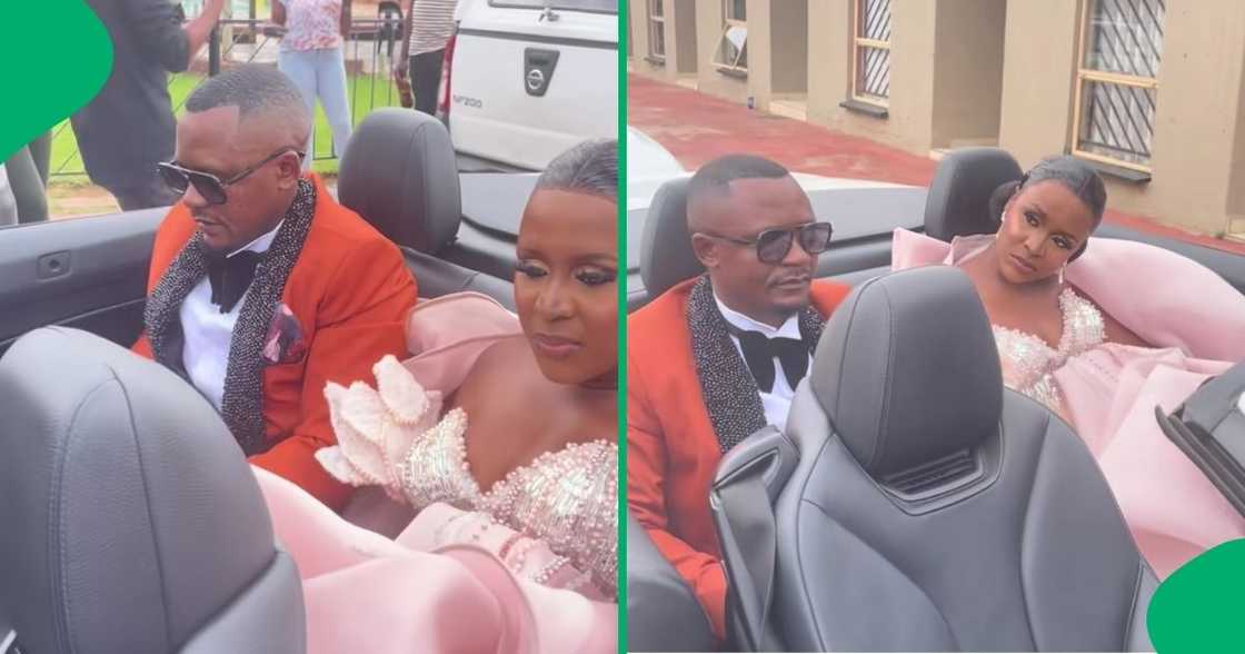 A couple chilling a convertible car on their wedding day