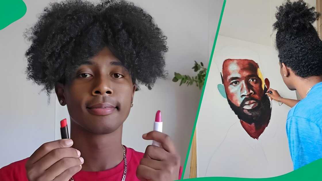A young artist showed off how he paints using lipsticks. A young artist showed off how he paints using lipsticks.