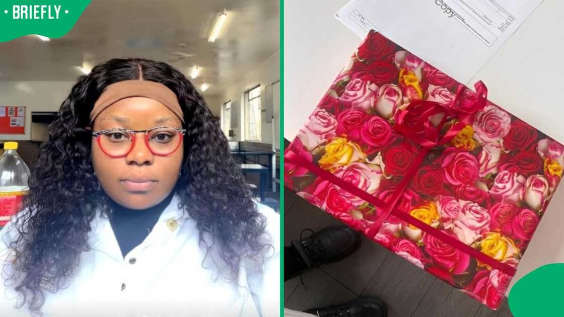 A woman showed her Secret Santa gift.