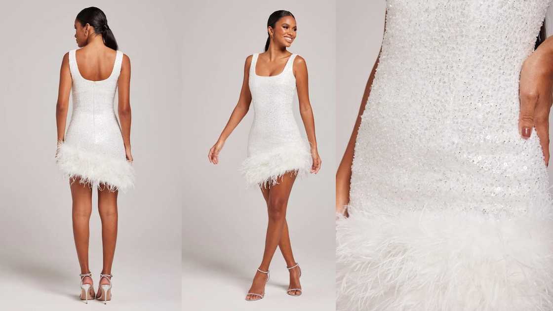 White beaded mini square neckline and feathery asymmetric hemline