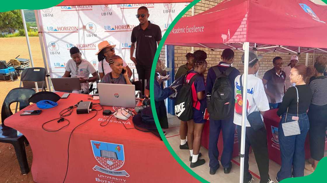 Staff and high school students at a UB tent during a university expo