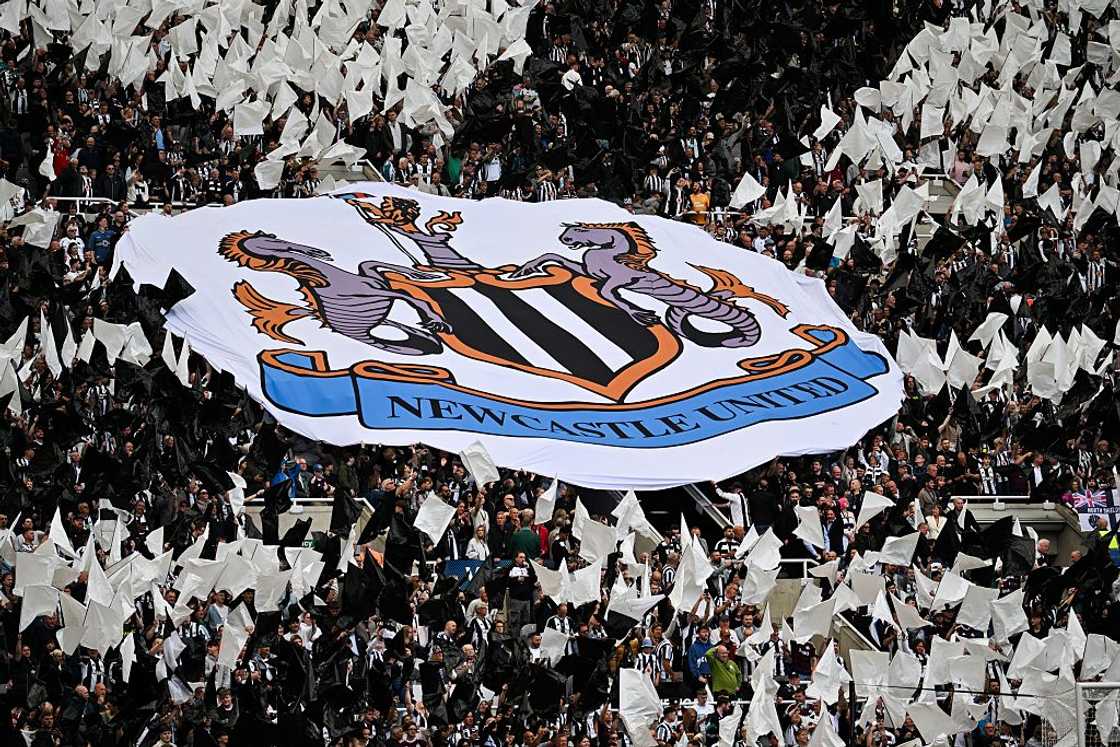 Newcastle United supporters wave a banner depicting the logo of their team Newcastle United supporters wave a banner depicting the logo of their team