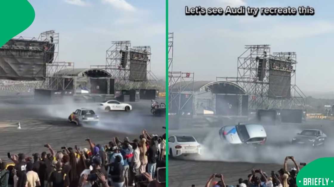 A screenshot from the viral TikTok video showing the BMW balancing on two wheels