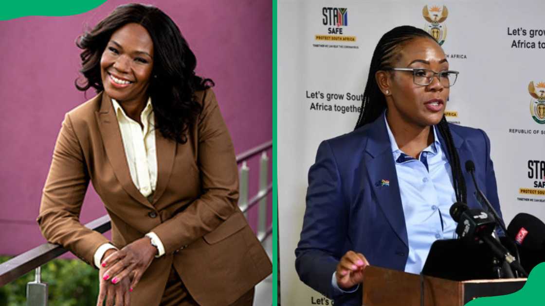 Tsakani Maluleke in a brown suit and in a blue suit at a press address Tsakani Maluleke in a brown suit and in a blue suit at a press address