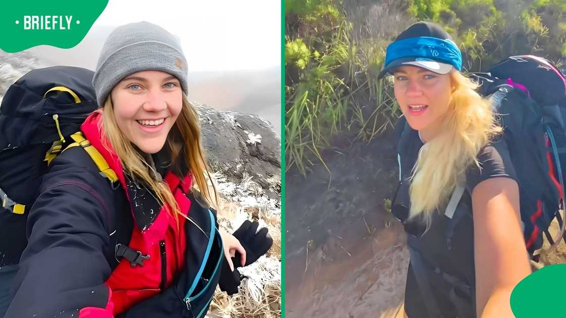 Split image of a smiling blonde woman with a backpack outdoors. Left: grey beanie, red jacket, snowy ground. Right: blue headband, black top, hiking on sandy trail with greenery. Split image of a smiling blonde woman with a backpack outdoors. Left: grey beanie, red jacket, snowy ground. Right: blue headband, black top, hiking on sandy trail with greenery.