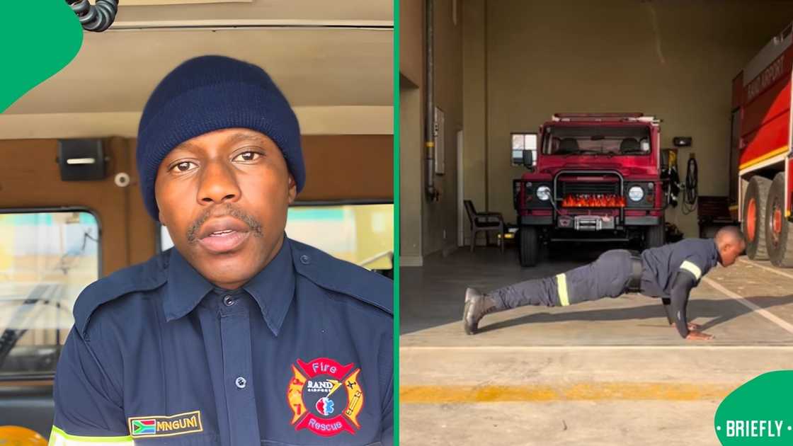 The young man was at his workplace when he showed viewers how fit he was The young man was at his workplace when he showed viewers how fit he was