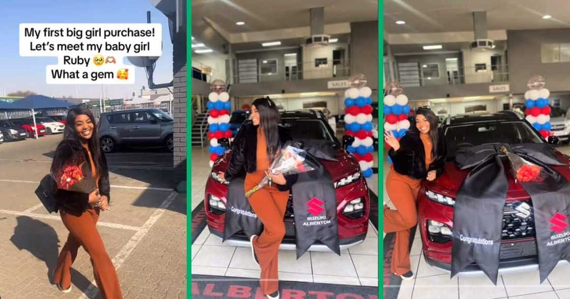 Woman celebrates buying new car Woman celebrates buying new car