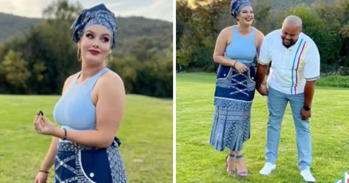 A white makoti trended for flexing bare arms in a traditional outfit. A white makoti trended for flexing bare arms in a traditional outfit.