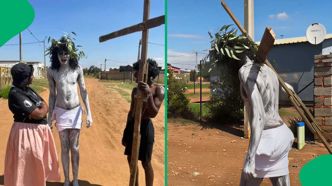 The young man ignored her and just continued walking, carrying a cross