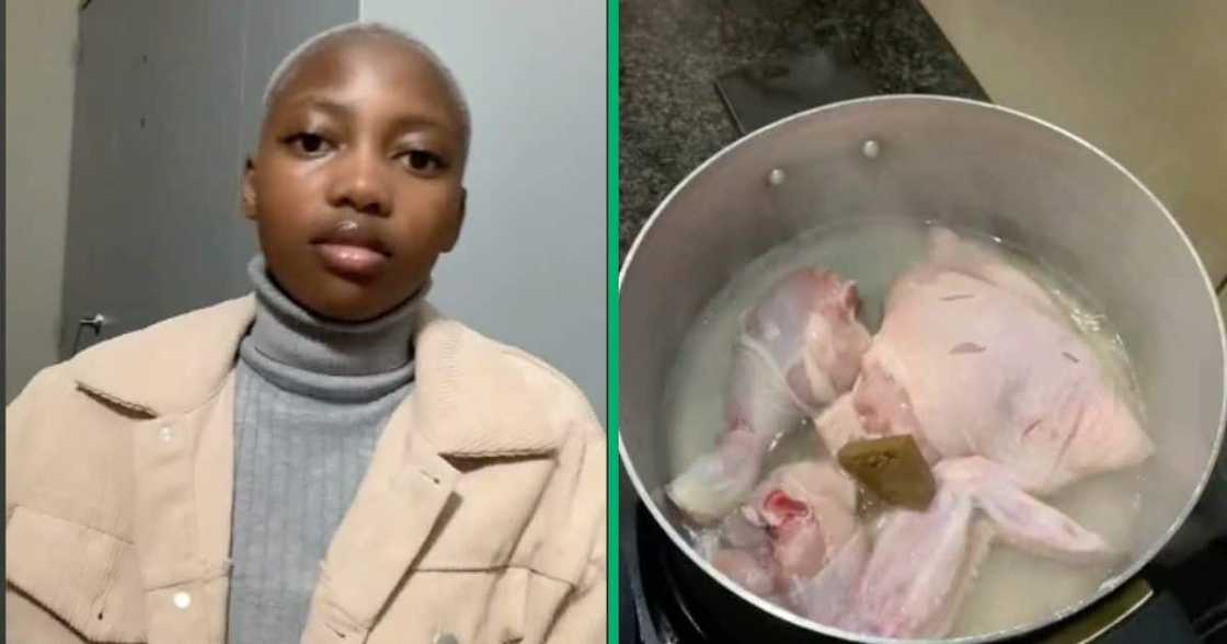 A woman cooked chicken by boiling it and adding stock cubes to it