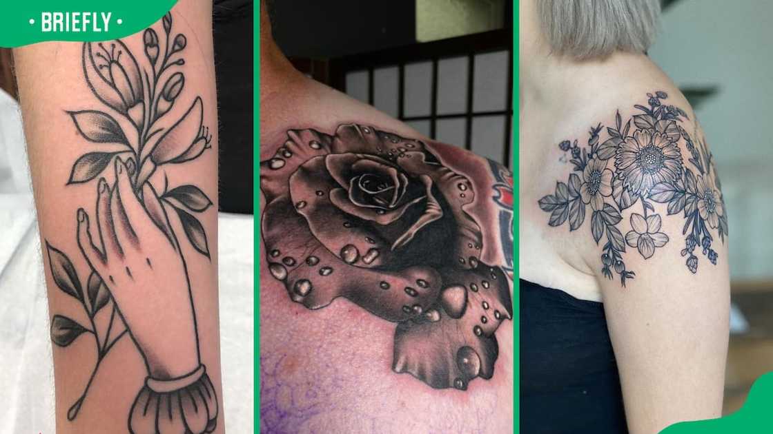 Hand-flower, (L) flower with water drops (C) and shoulder flower tattoos (R) Hand-flower, (L) flower with water drops (C) and shoulder flower tattoos (R)