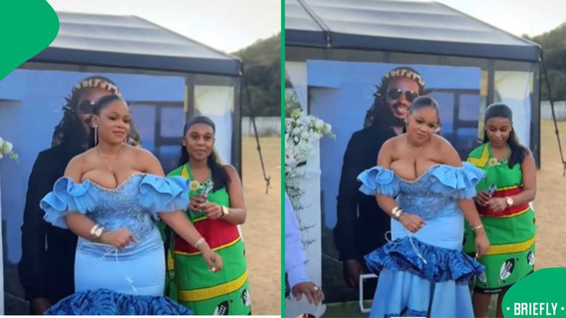 A guest at a Shembe wedding turned heads online with her fitted blue and white dress, which revealed her cleavage and showcased her elegance A guest at a Shembe wedding turned heads online with her fitted blue and white dress, which revealed her cleavage and showcased her elegance