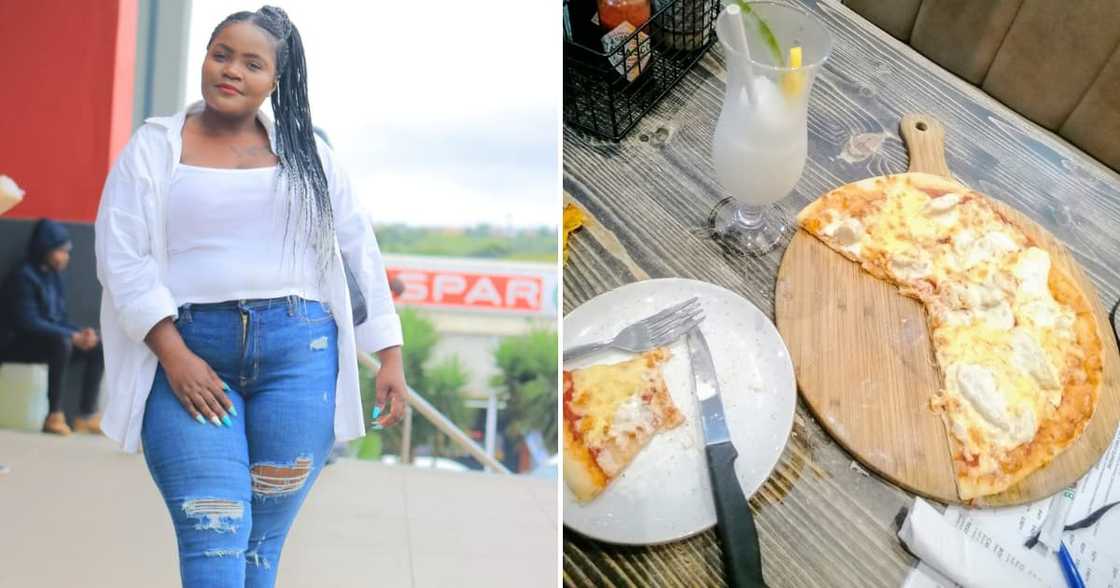 The mom loved her pizza while her kids ate bread at home The mom loved her pizza while her kids ate bread at home