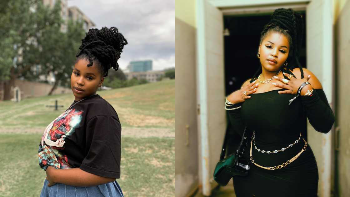 Nkosazana Daughter is pictured in a black tee and blue skirt (L), and an all-black outfit (R)