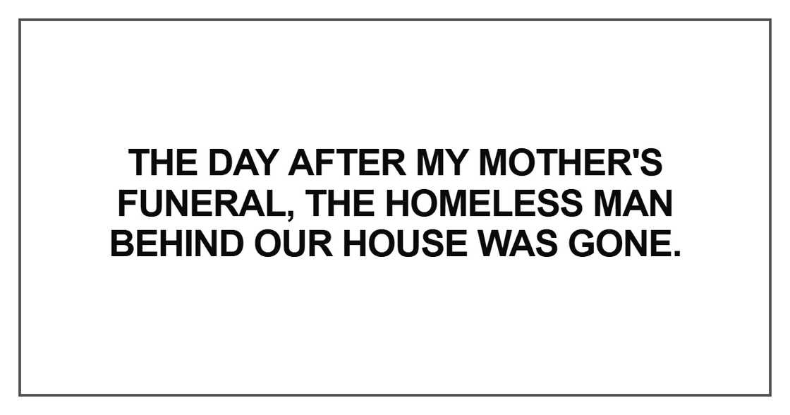 The day after my mother's funeral, the homeless man behind our house was gone.