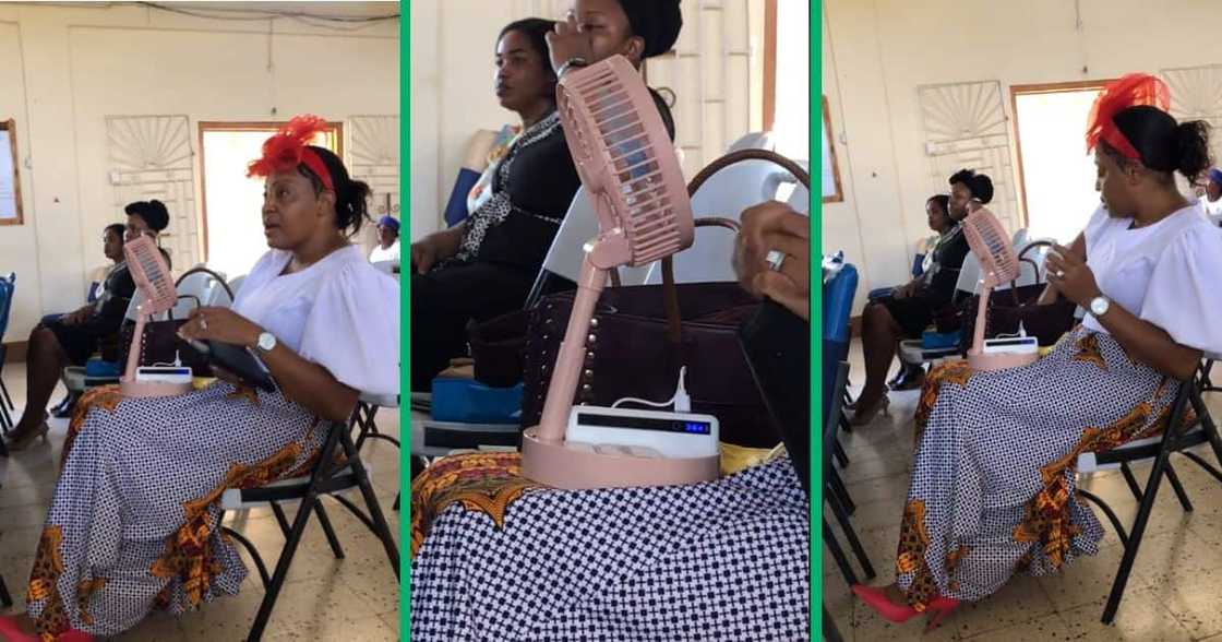 Aunty in church with fan Aunty in church with fan