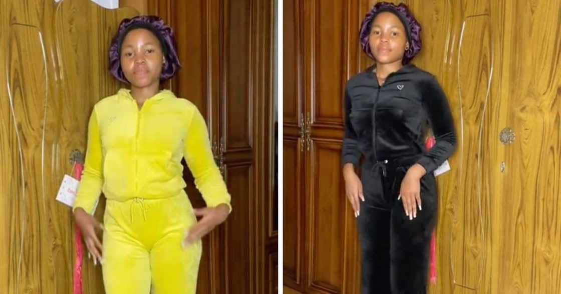 Woman finds impressive tracksuits at PEP. Woman finds impressive tracksuits at PEP.