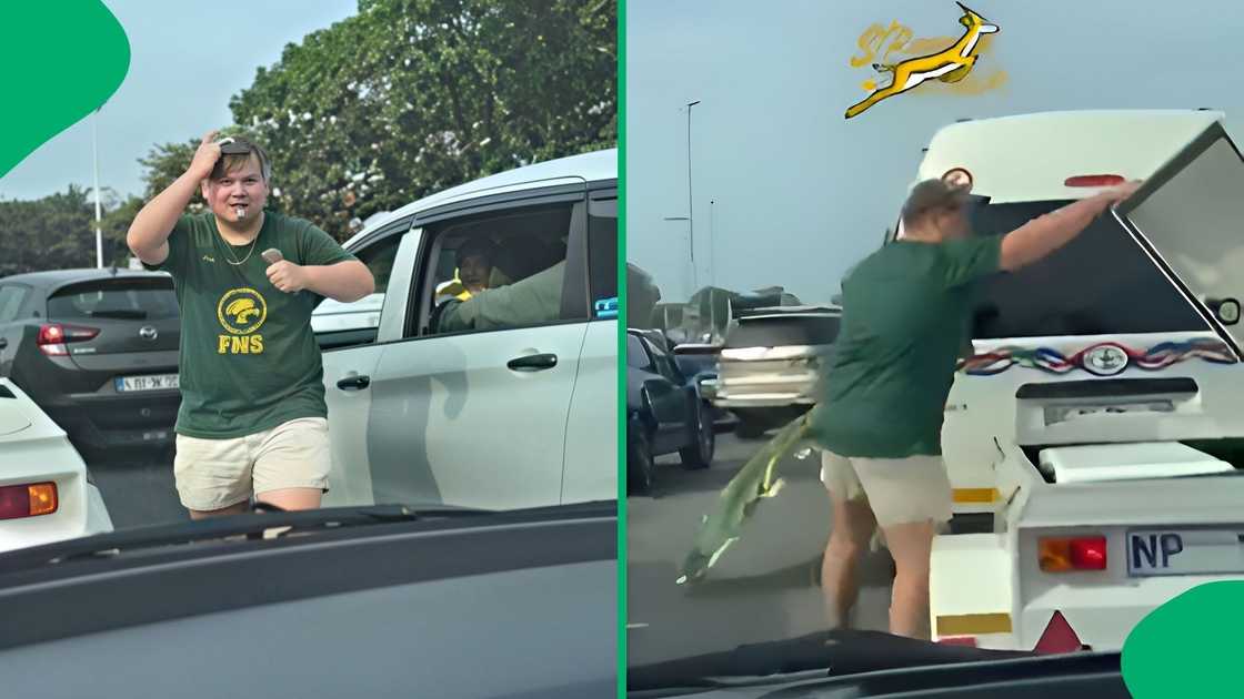 The man and his friends were driving in a taxi, while waving the Boks flag