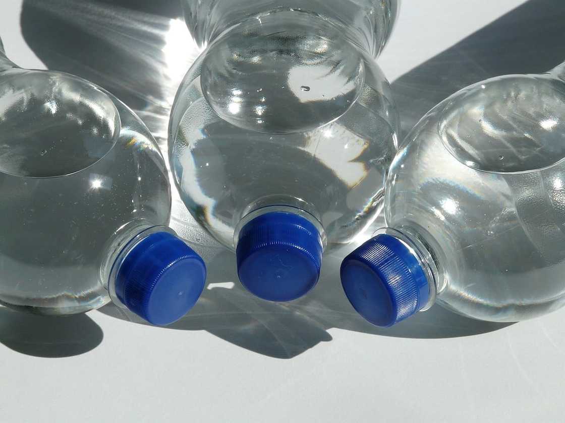 Bottles of water with blue caps